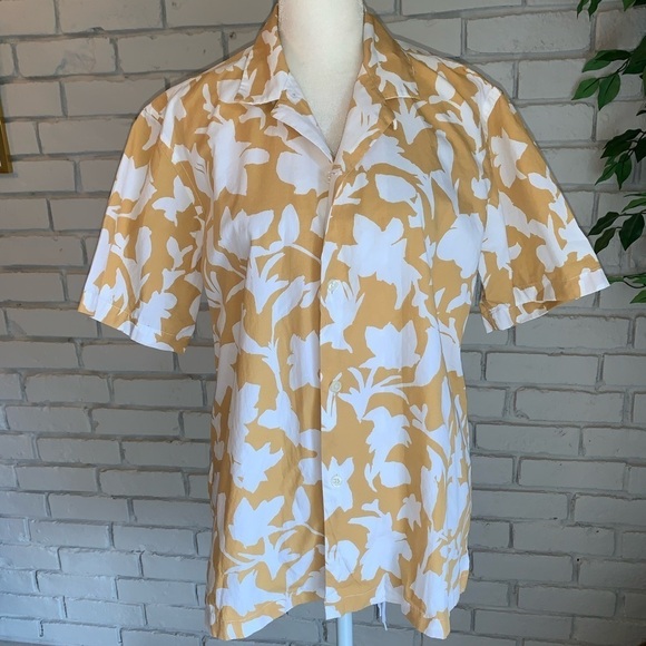 Zara Tropical Vacation Print Button Down Top Size Medium Yellow White - Picture 2 of 7